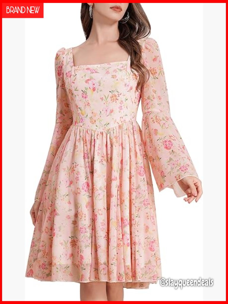Women's Square Neck Long Bell Sleeve Floral Ruffle Mini Dress